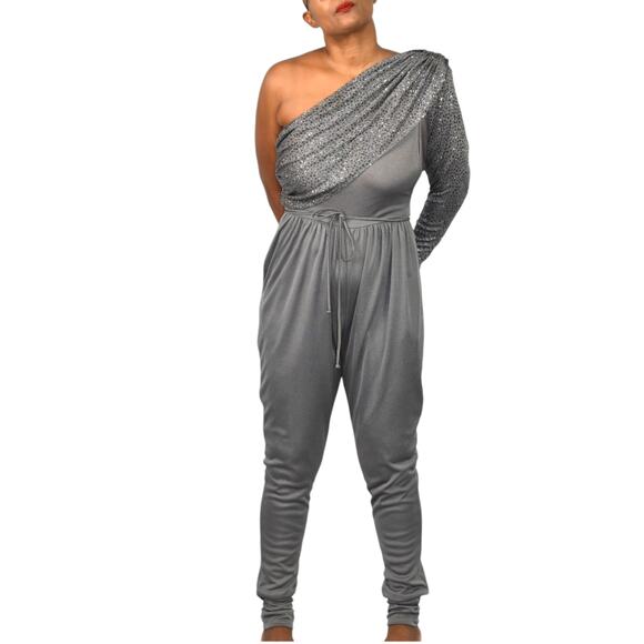 Vintage Climax One Shoulder Jumpsuit Gray Sequin Ruched Draped 70s Retro Small - Picture 9 of 15